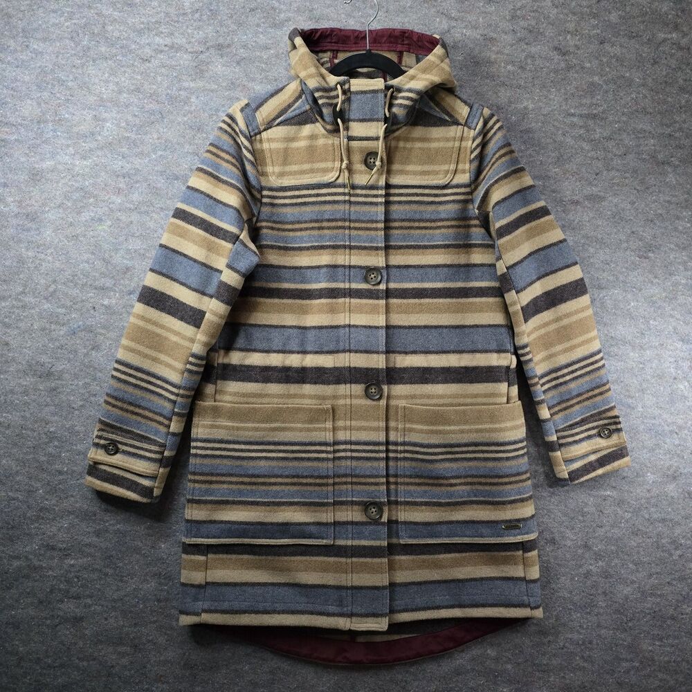 LL Bean West End Wool Blend Hooded Coat Brown Blanket Stripe Womens Sz S